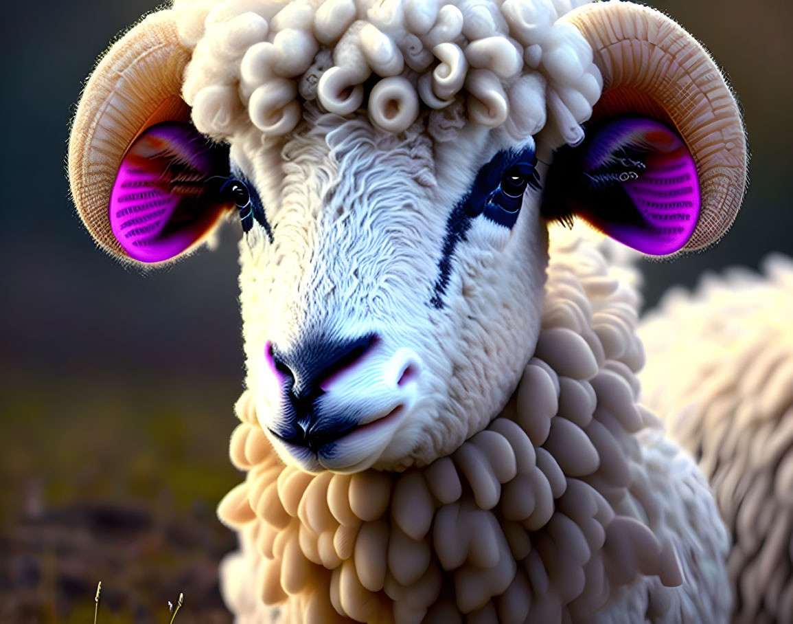 Detailed Close-Up of Sheep with Prominent Wool Coat and Purple Ear Tags