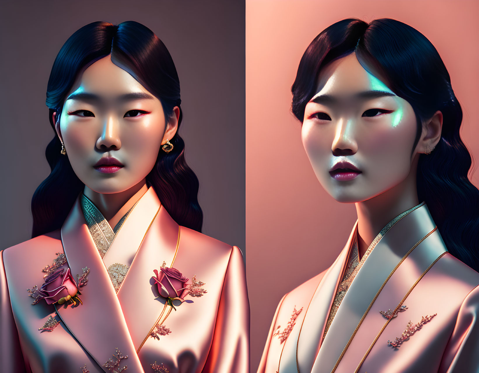 Digital artwork: Asian woman in modern traditional attire, dual portrait with warm and cool lighting.