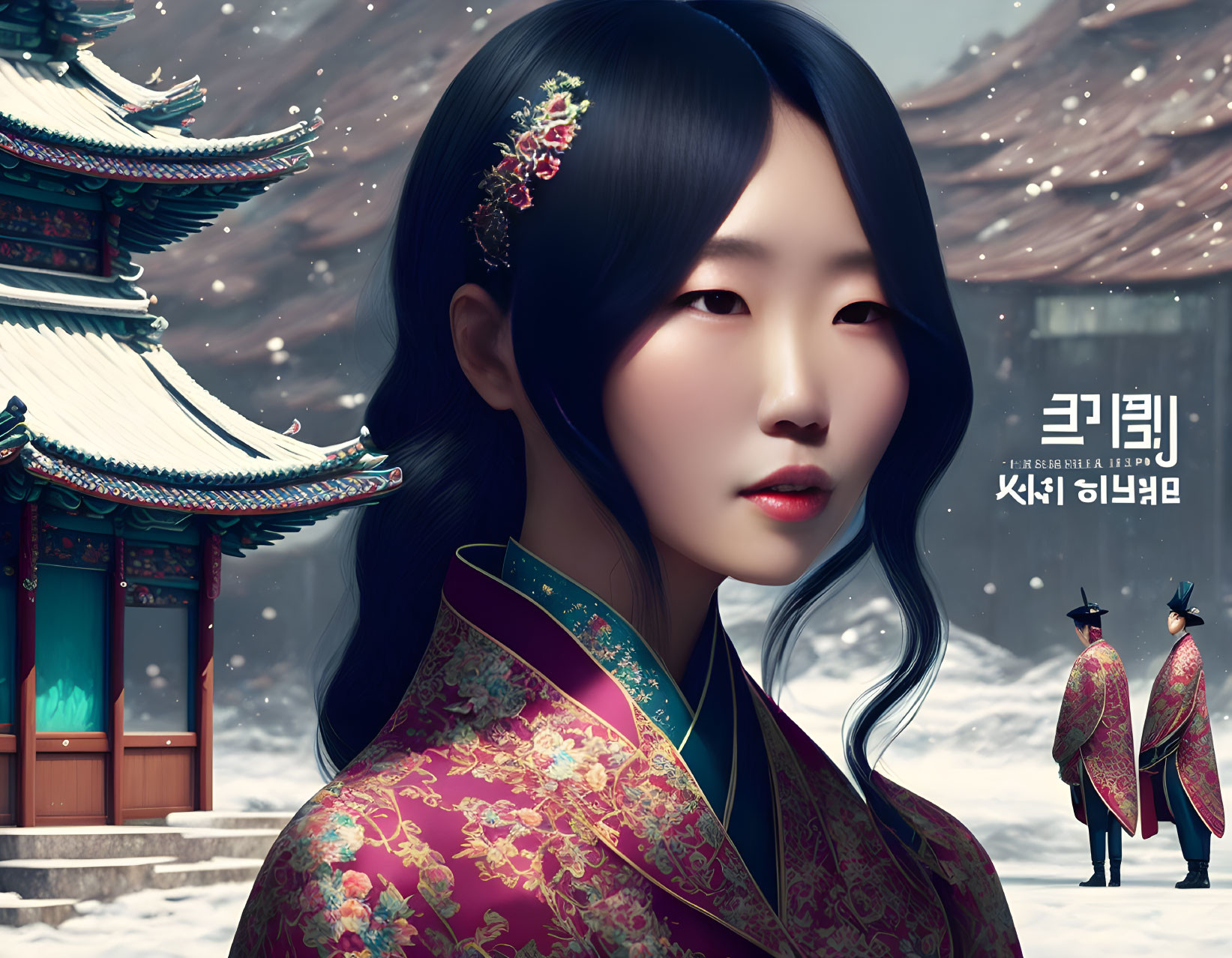 Traditional Korean attire portrait with historical palace, guards, and falling snow