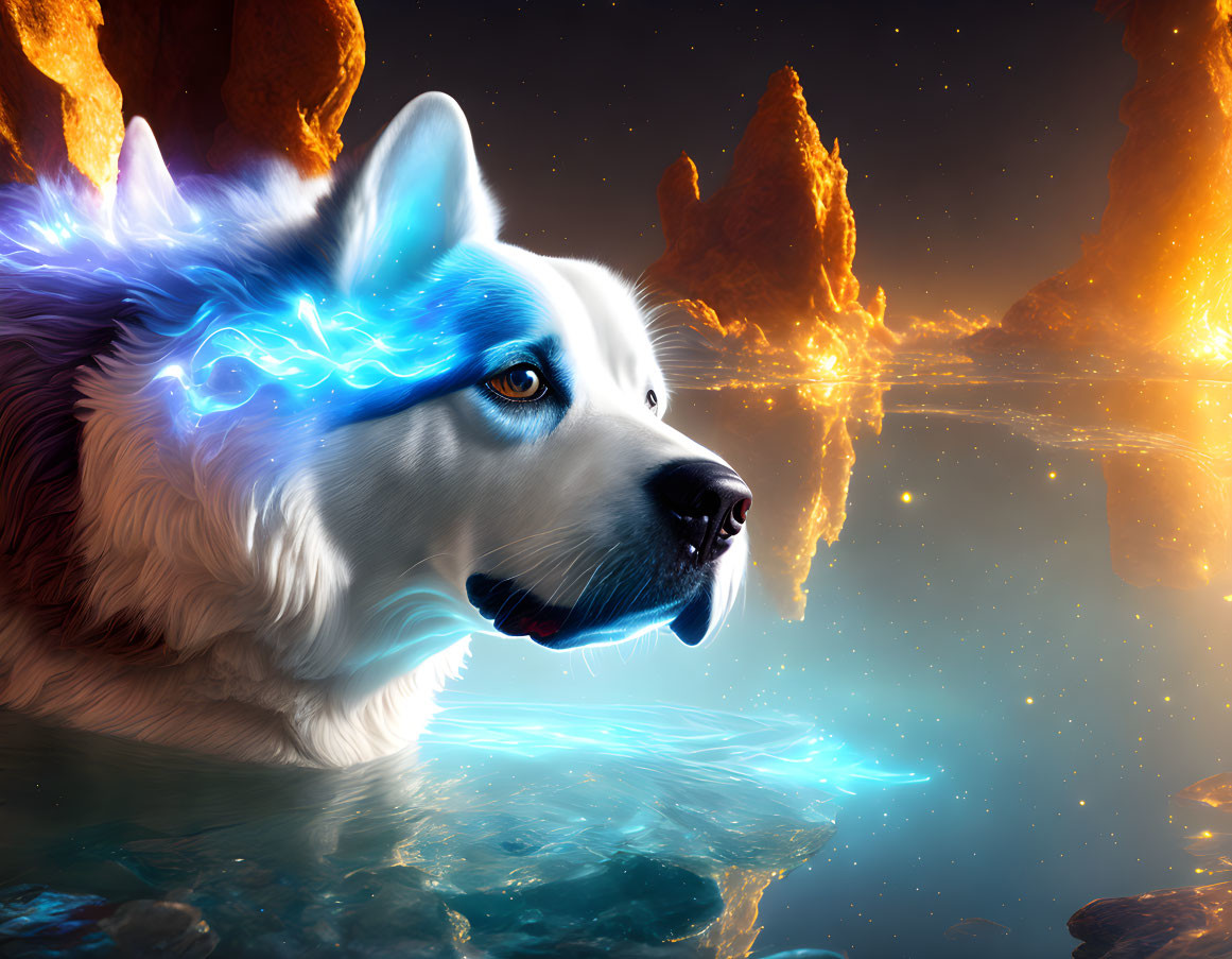 Digital art: Husky with glowing blue eyes in fiery cliffs & serene water