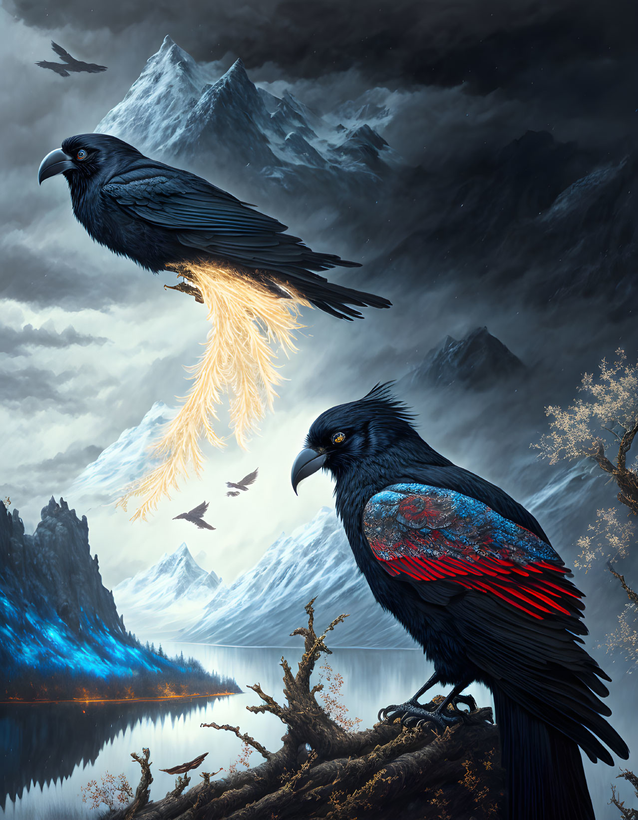 Mystical glowing ravens in flight and perched in mountainous landscape