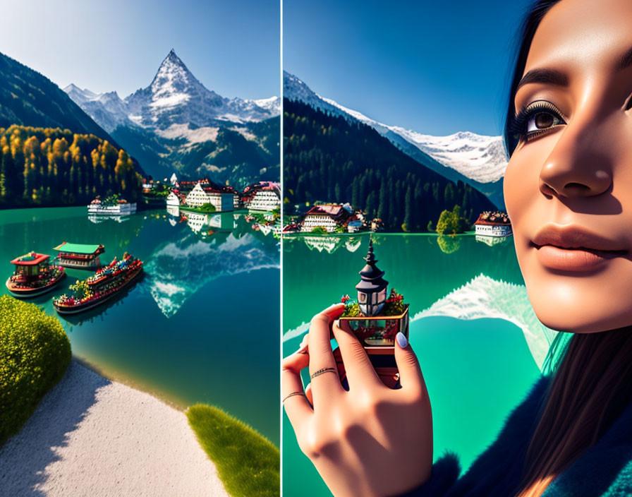 Composite image: Woman's face holding mountain lake village