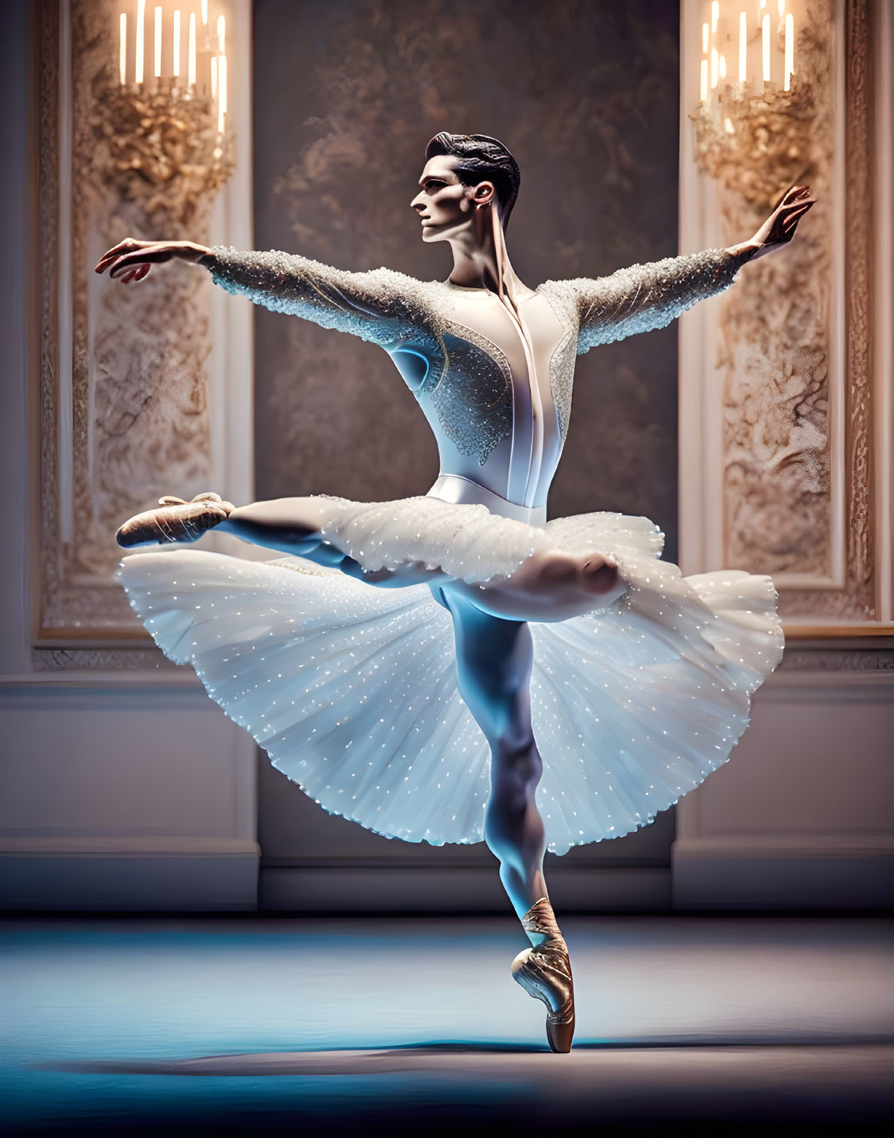 Ballet dancer in white tutu and pointe shoes poses in ornate room