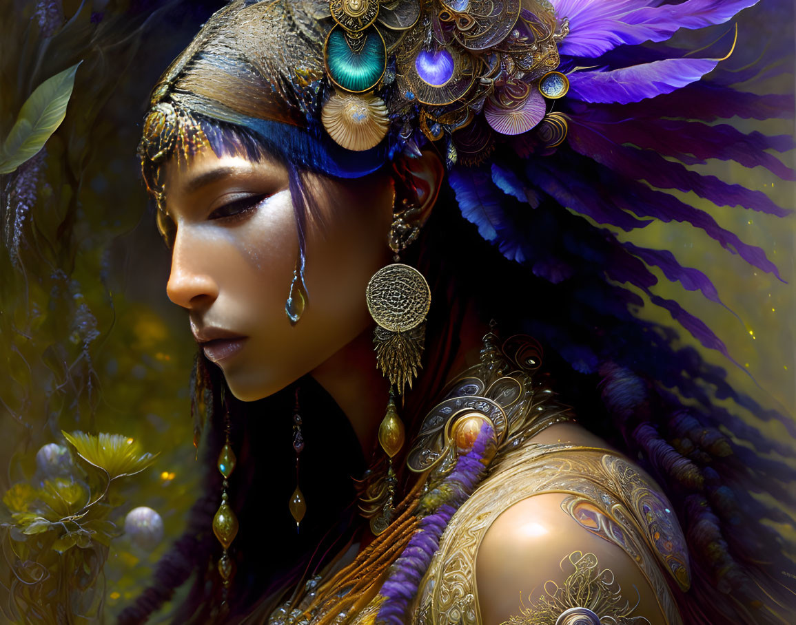 Elaborate peacock-themed adornments on serene woman