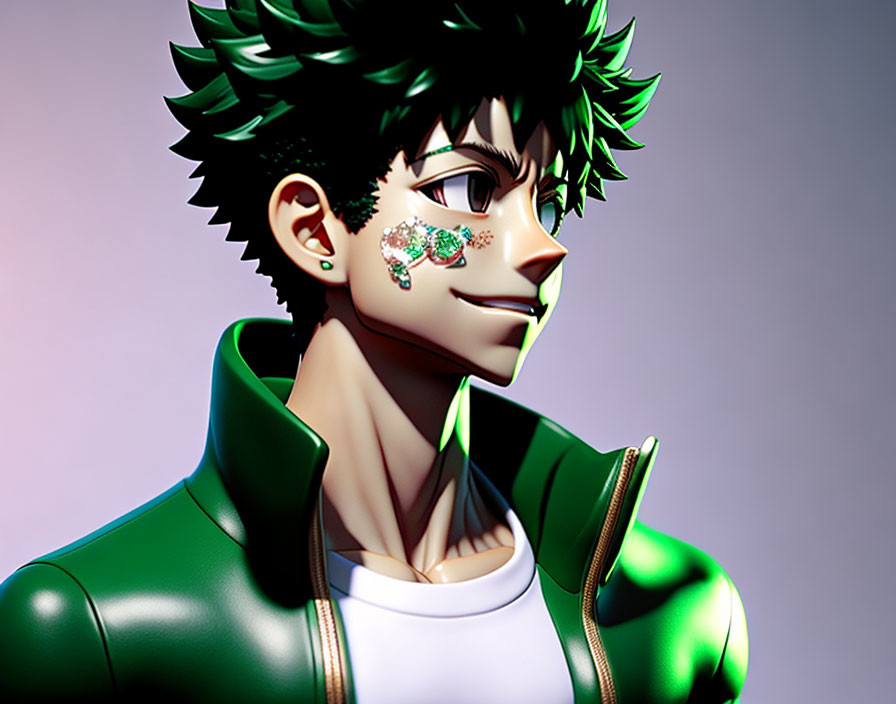 Confident male anime character with green spikey hair and unique facial markings in white shirt and green jacket