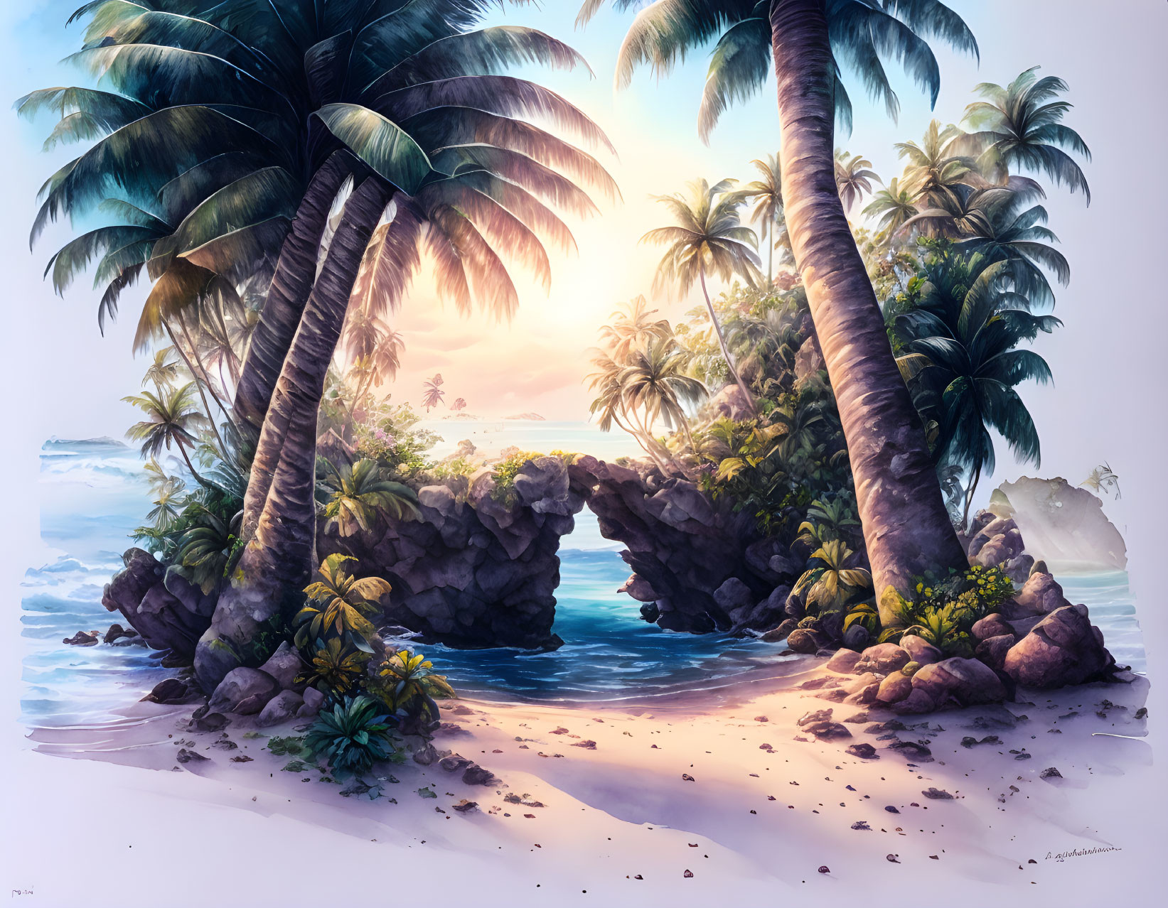 Scenic beach with stone arch, palm trees, and sunset