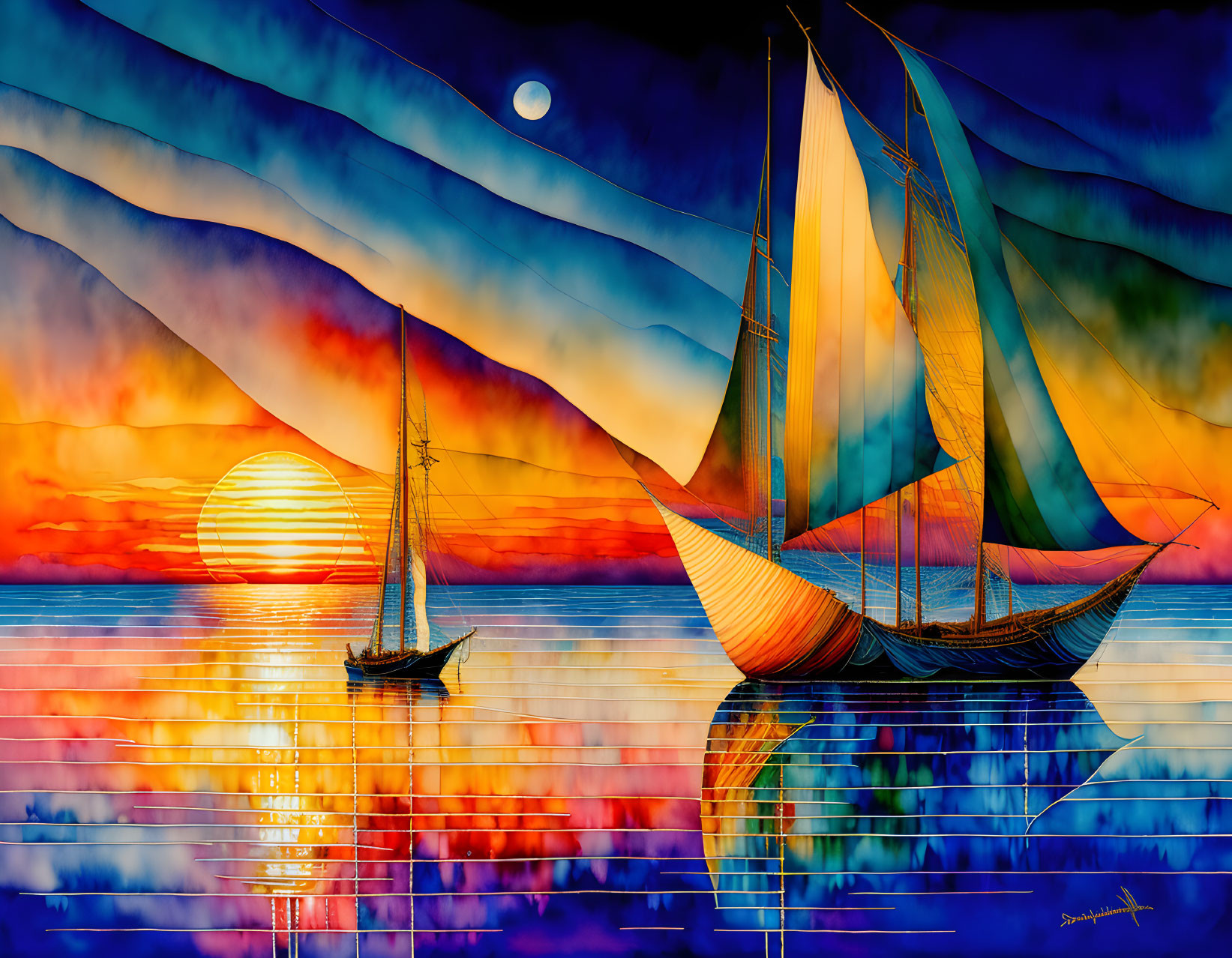 Colorful Sailboat Digital Art: Sunset and Moon Over Shimmering Sea