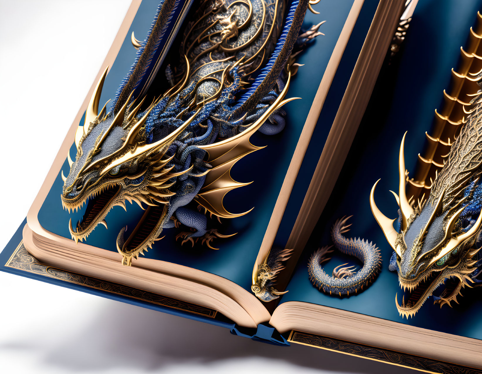 Blue and gold dragon relief on open book cover