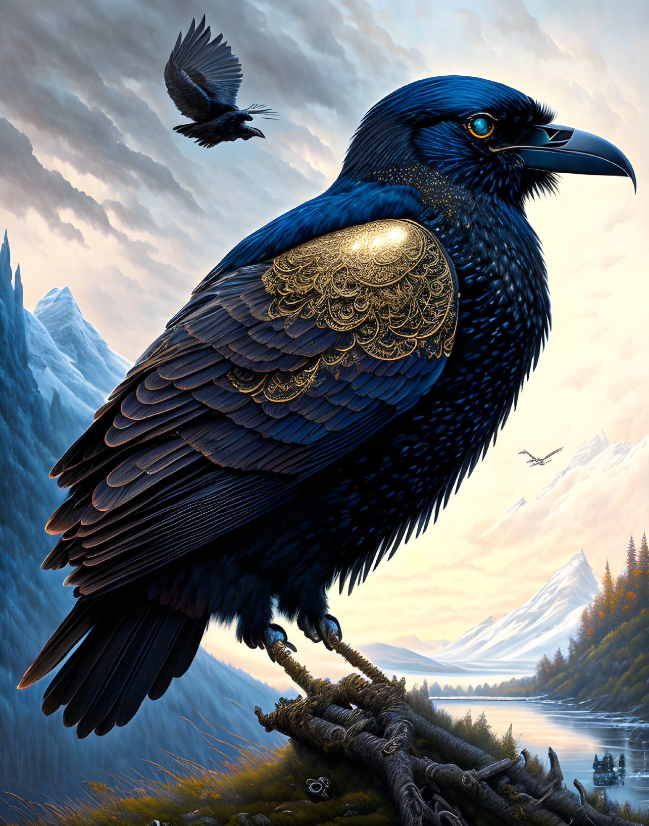 Detailed illustration: Majestic raven with gold-embellished wing perched on branch amid mountains