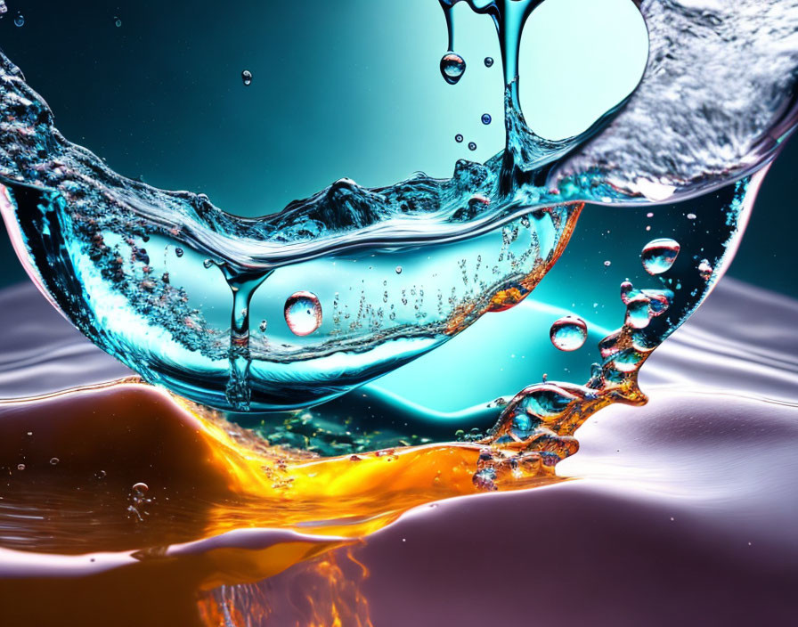 Colorful background water splash with droplets: motion and fluid dynamics.