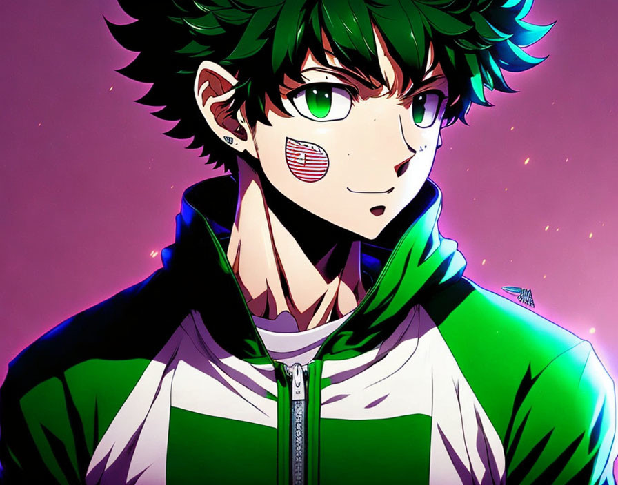 Green-haired anime character with green eyes in green and black tracksuit, smiling with pink cheek stamp.