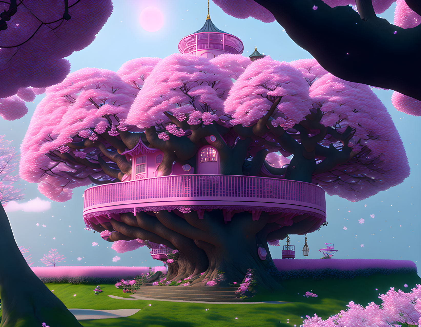 Whimsical treehouse with pink blossoms in serene landscape