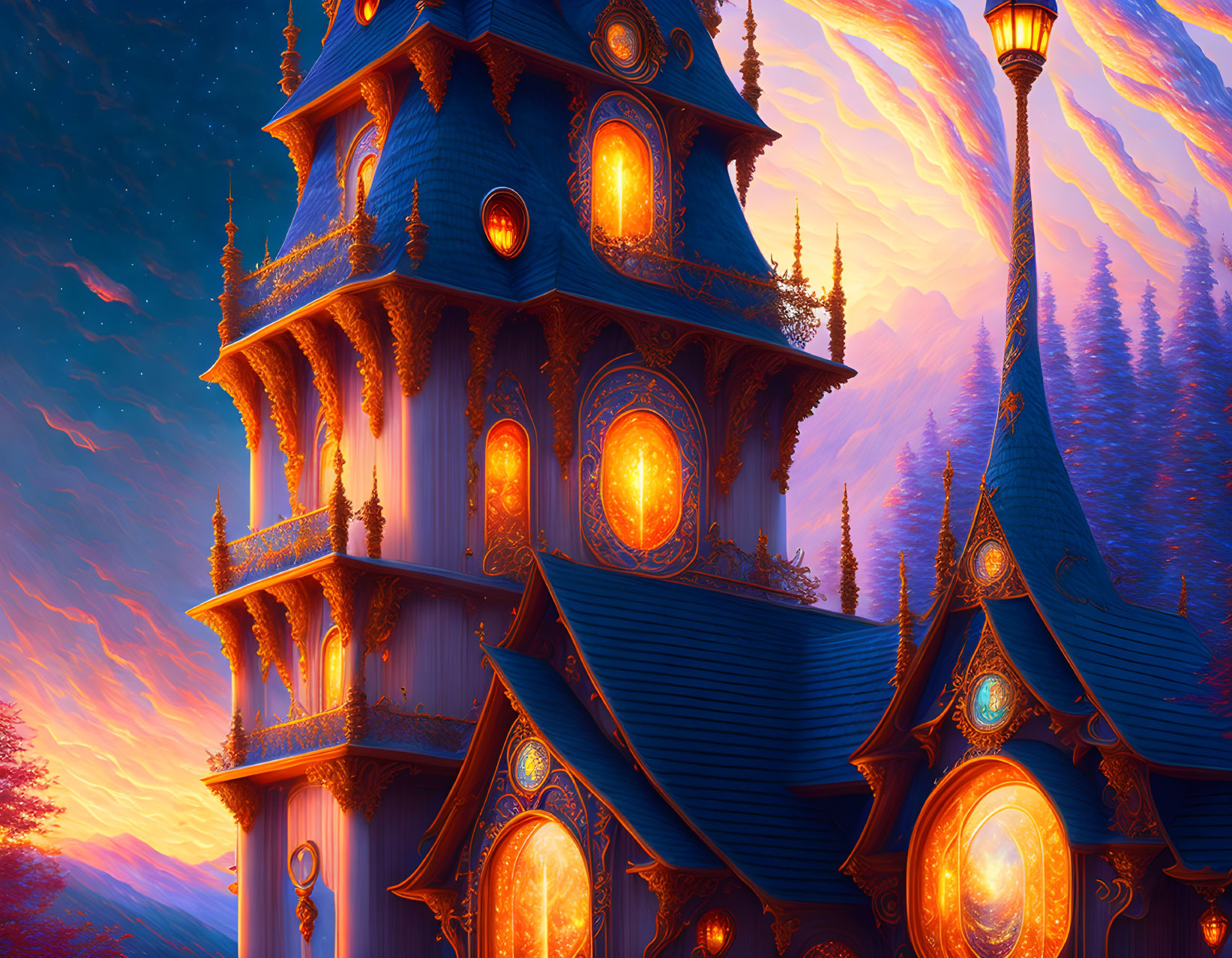 Fantastical blue tower with glowing golden windows at sunset