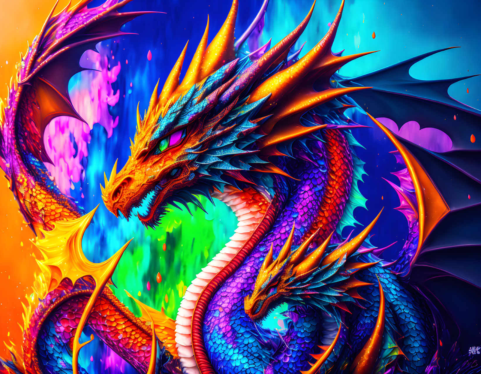 Colorful Dragon with Scales, Eyes, and Horns in Fantasy Scene