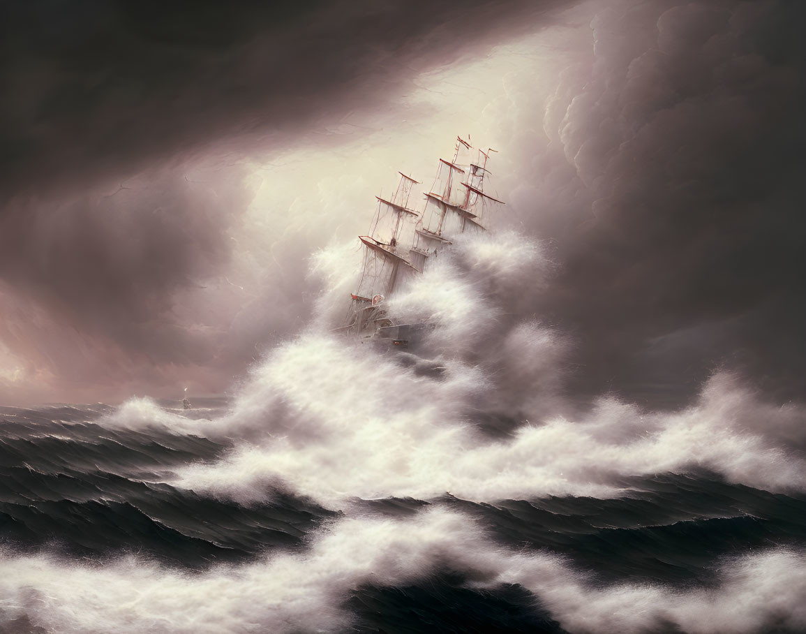 Tall Ship Sailing Through Dark Waves and Ominous Sky