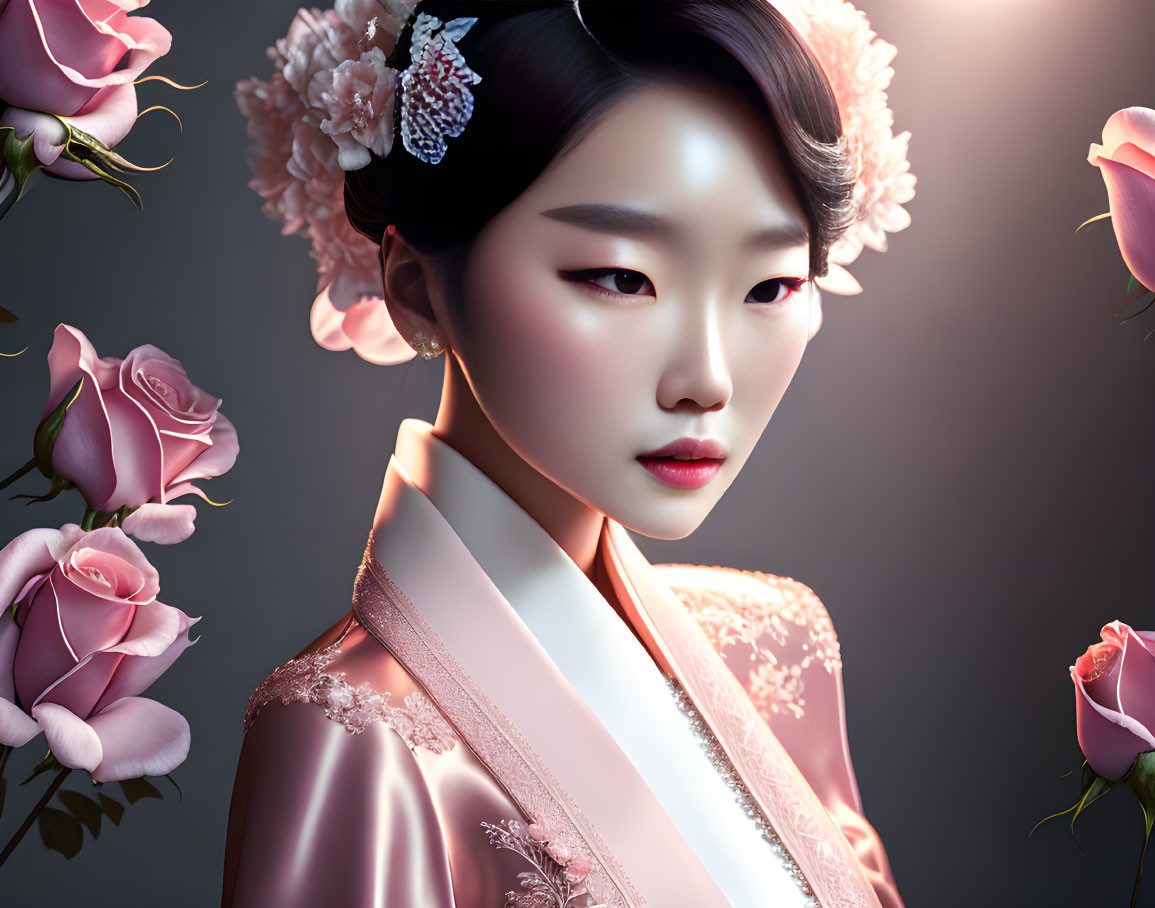 Traditional Korean Attire Woman Artwork with Floral Details