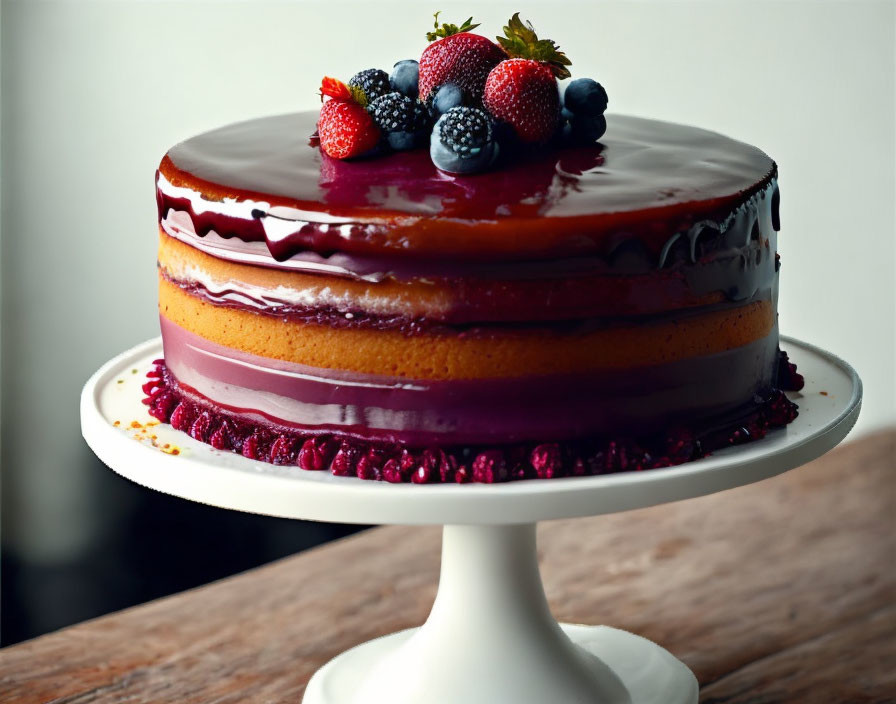 Multi-layered cake with chocolate ganache and berries on white stand