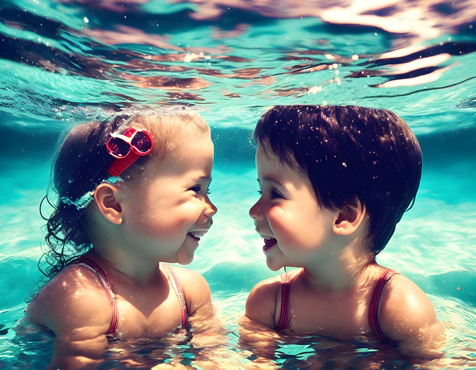 Children smiling in sunlit pool, one in pink goggles