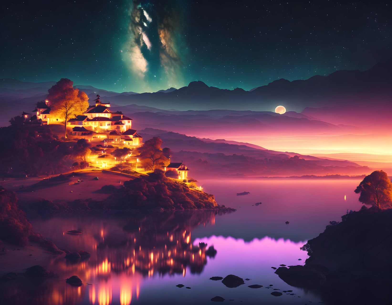 Twilight surreal landscape: illuminated houses, starry sky, tranquil water