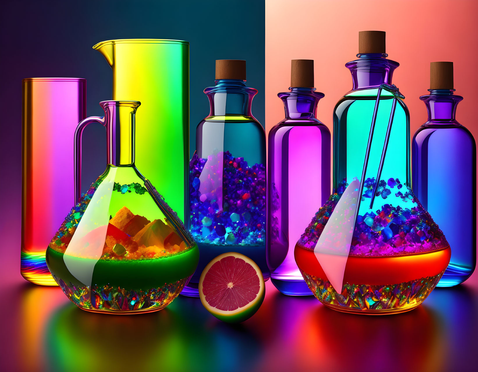 Vibrant liquids and crystals in colorful laboratory glassware on gradient background