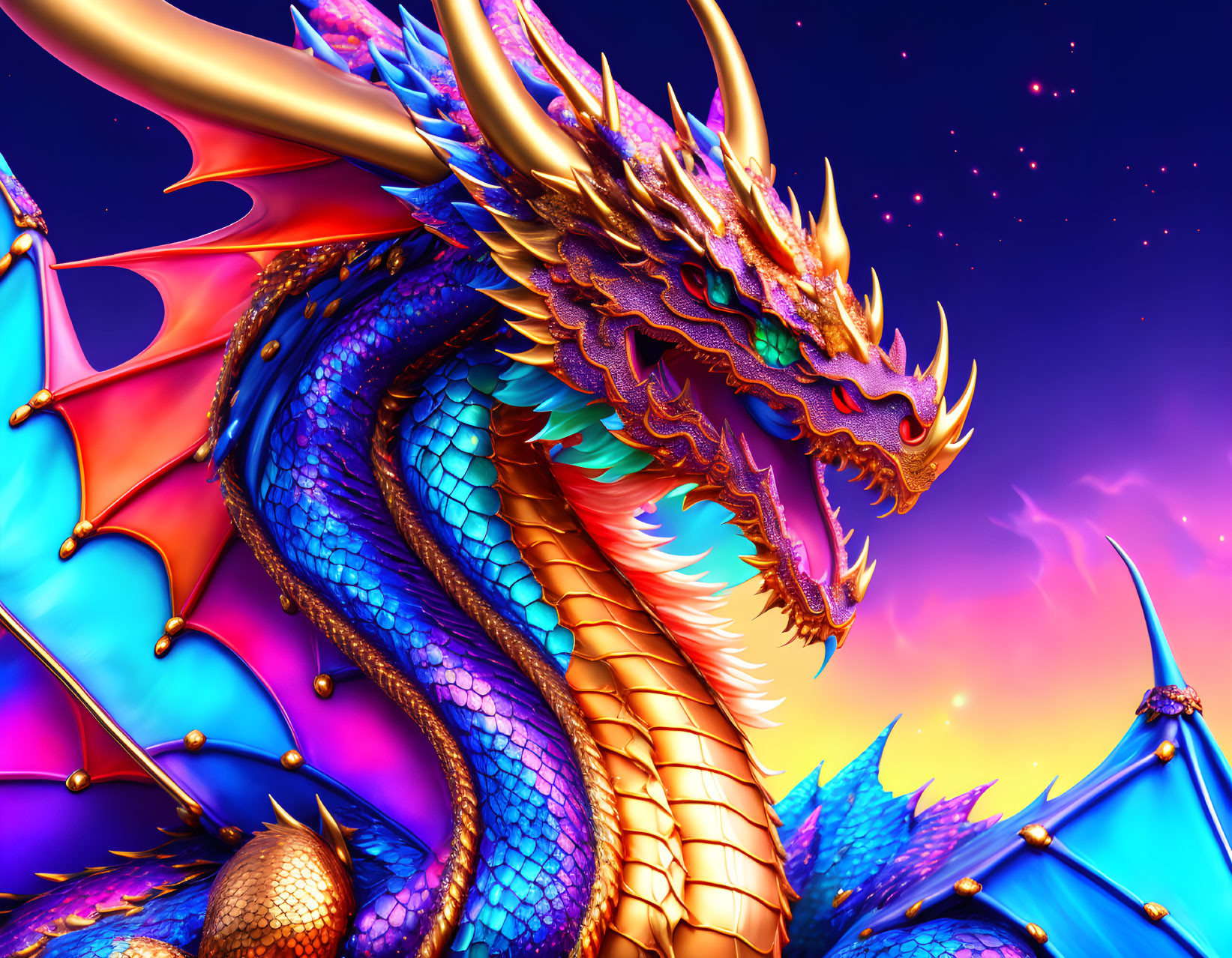 Colorful digital artwork: Blue and gold dragon in starry sky