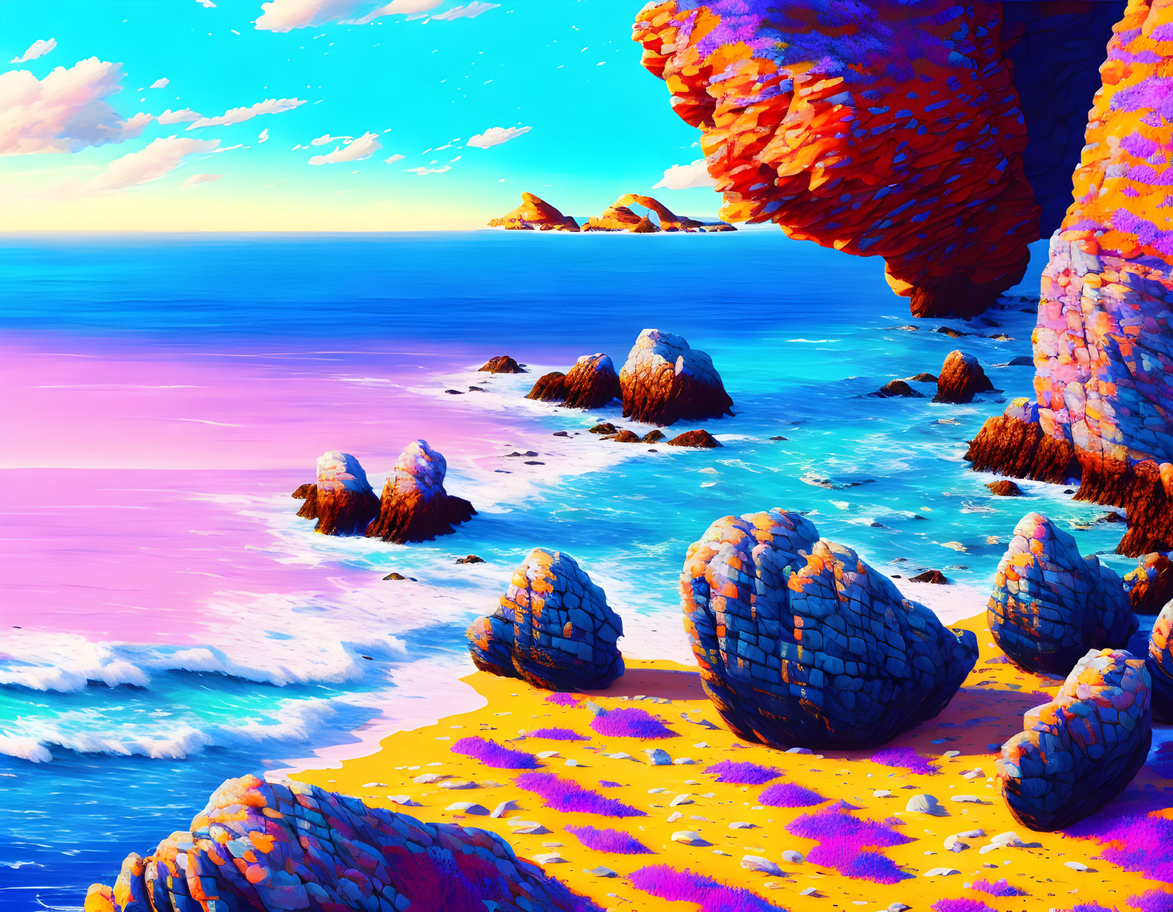 Vibrant digital art of coastal landscape with magenta waters, golden sands, and orange rock formations