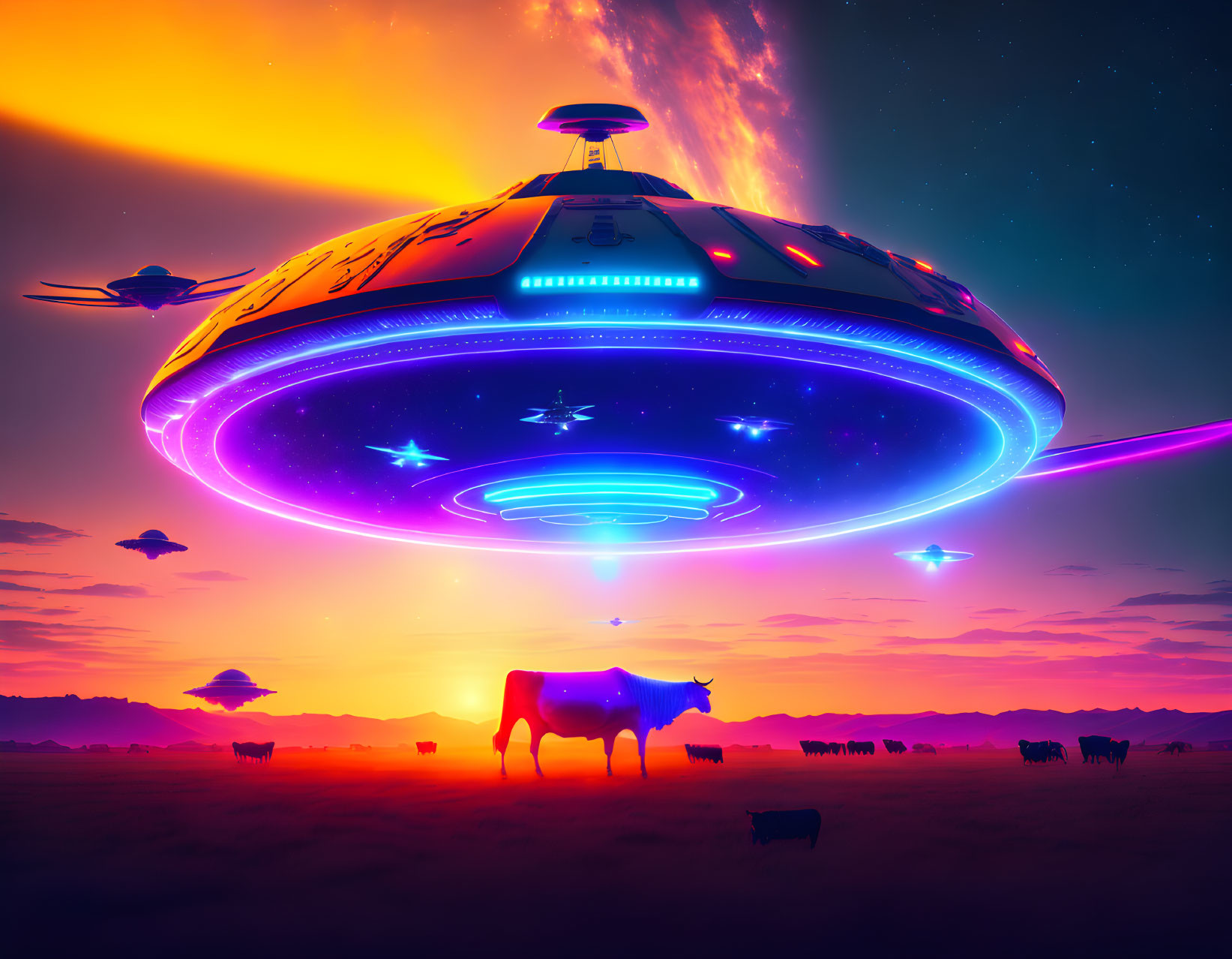 Vividly colored UFO emitting light beams over cows in field at sunset