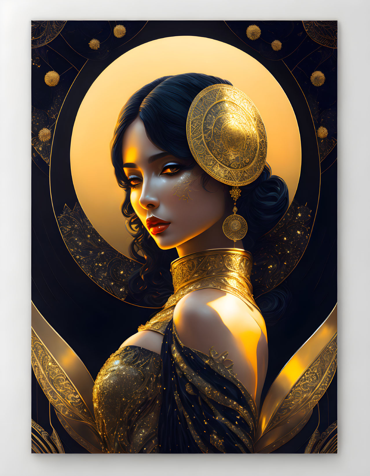 Golden-attired Woman Portrait Against Crescent Moon & Stars