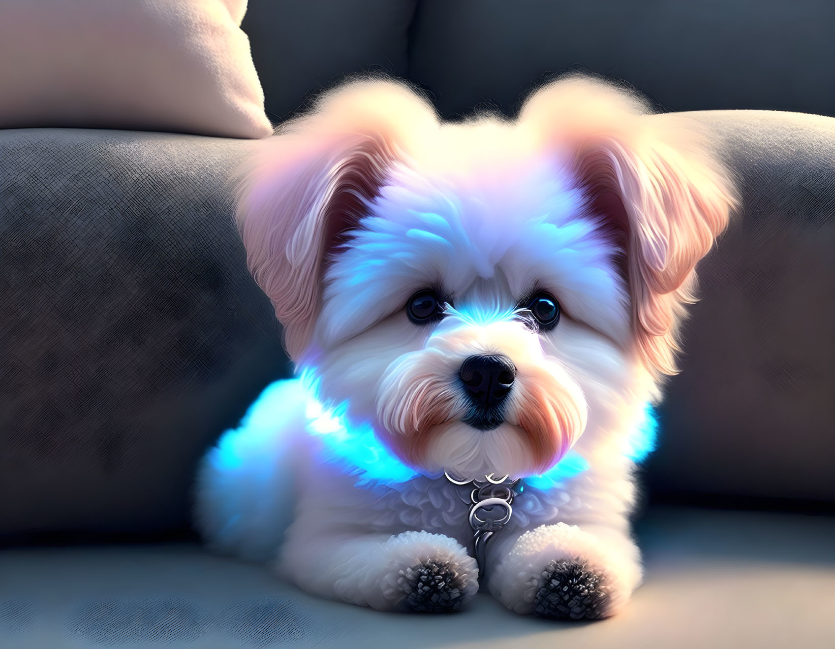 Adorable white and tan puppy with blue collar on couch cushions