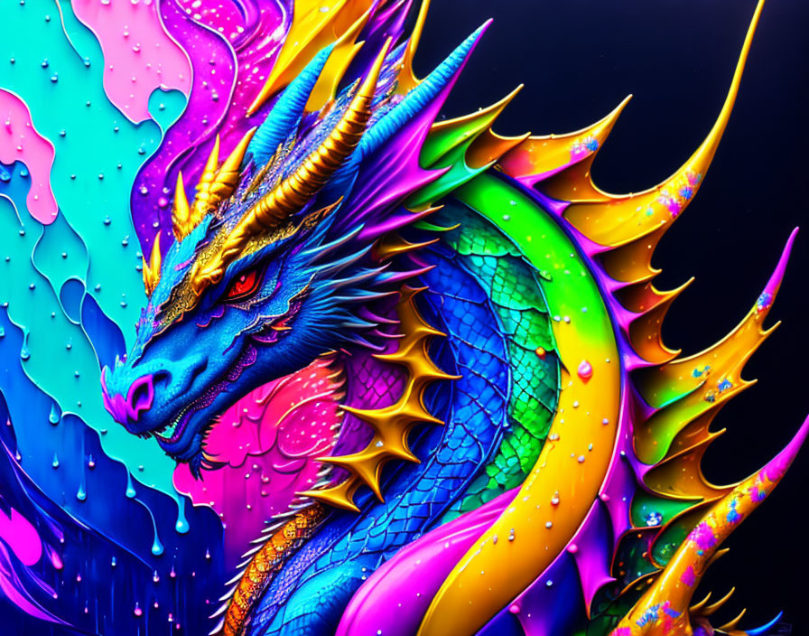 Colorful Dragon Artwork with Blue Scales and Neon Paint on Dark Background