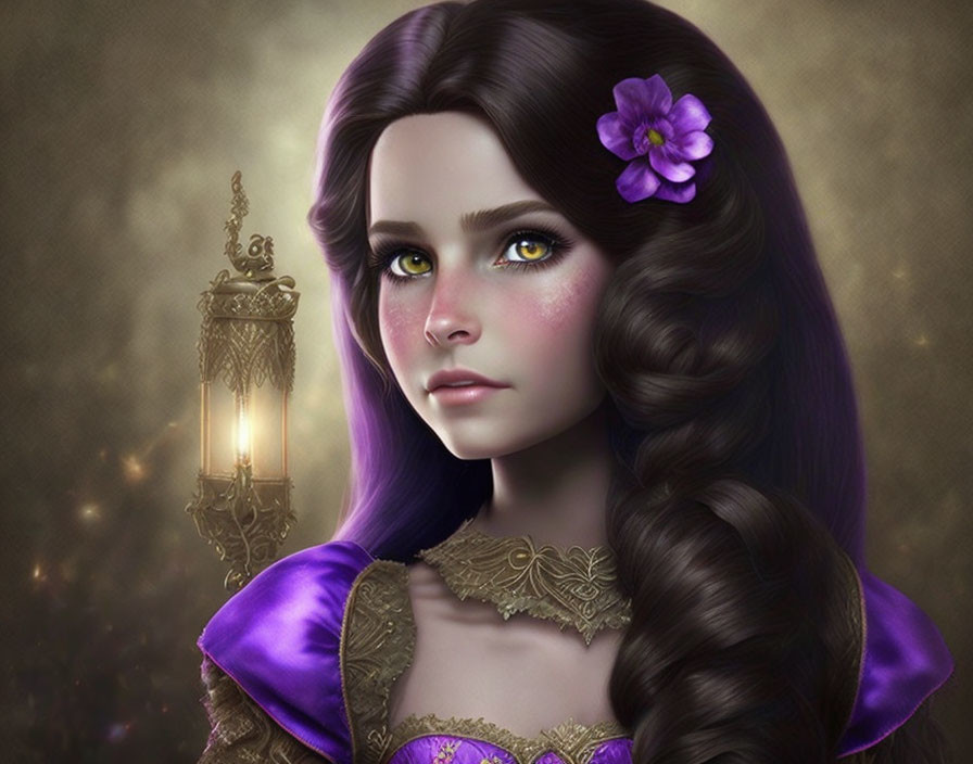 Digital art portrait of young woman with long wavy brown hair, green eyes, purple flower, purple