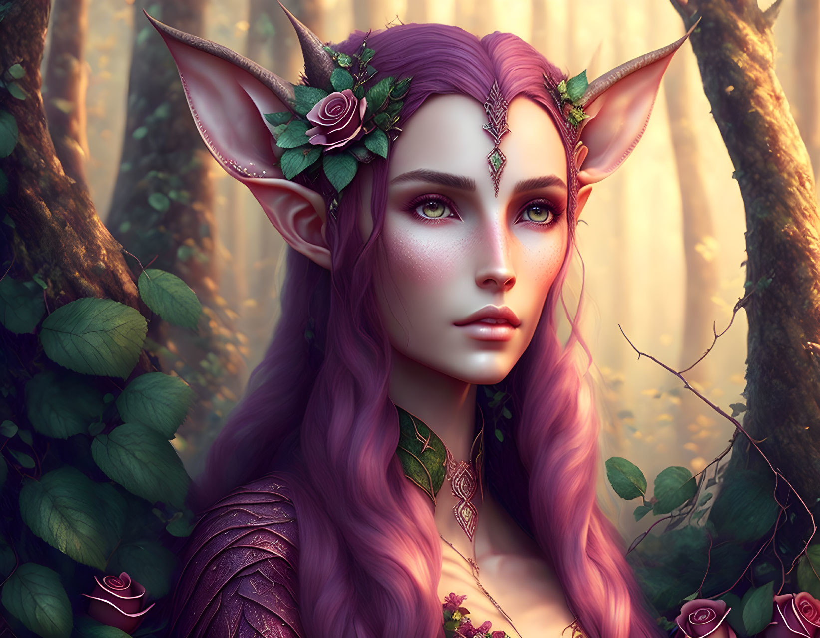 Purple-haired fantasy elf with floral ears and golden forest armor