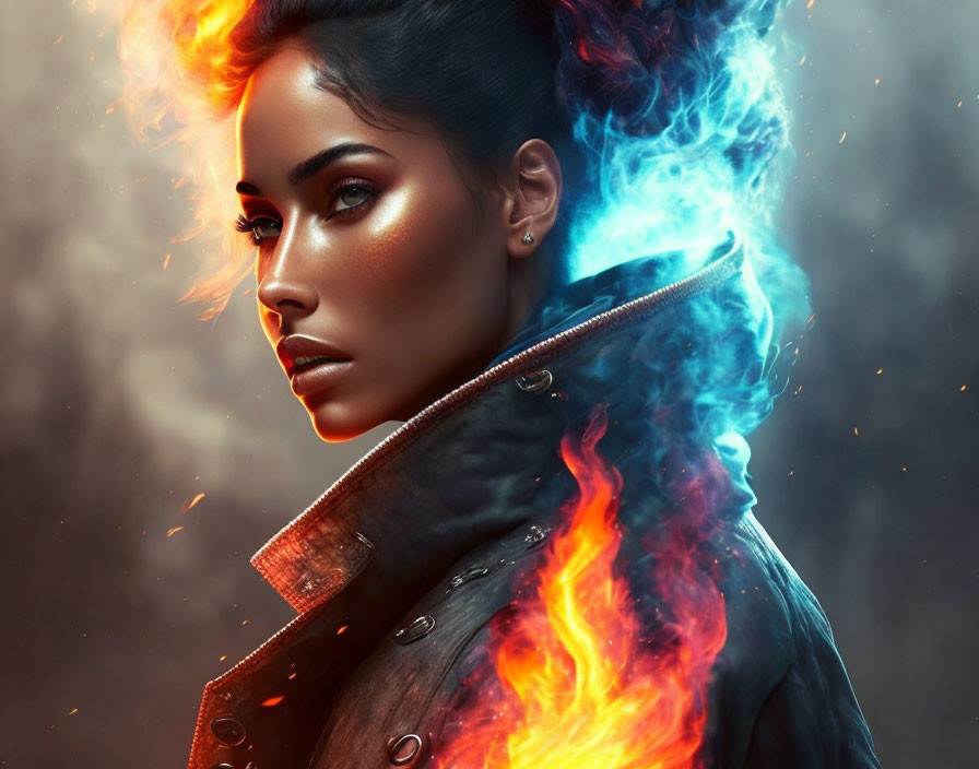 Woman engulfed in flames and blue smoke exudes a fierce, mystical presence