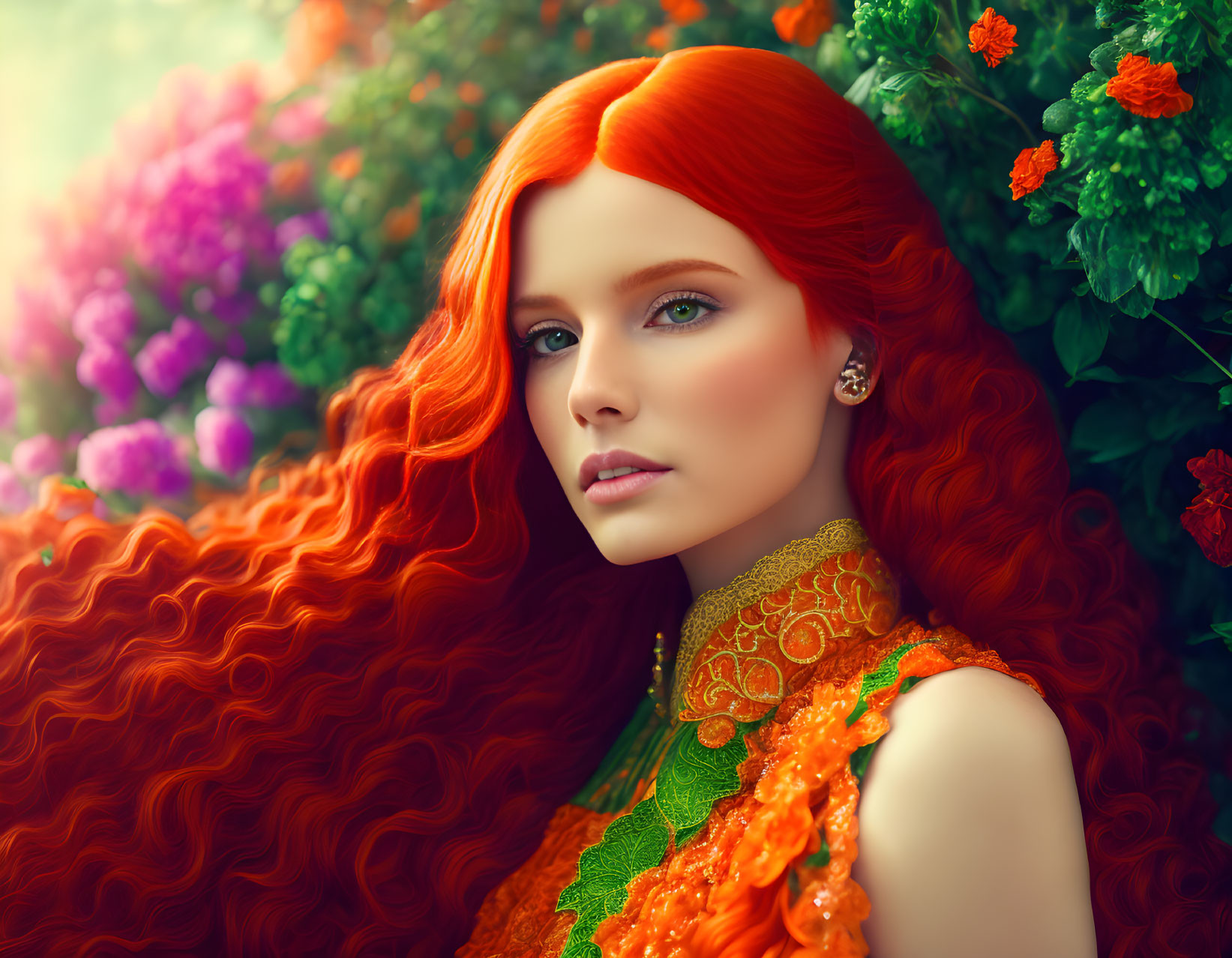 Vibrant red-haired woman in green attire among colorful flowers