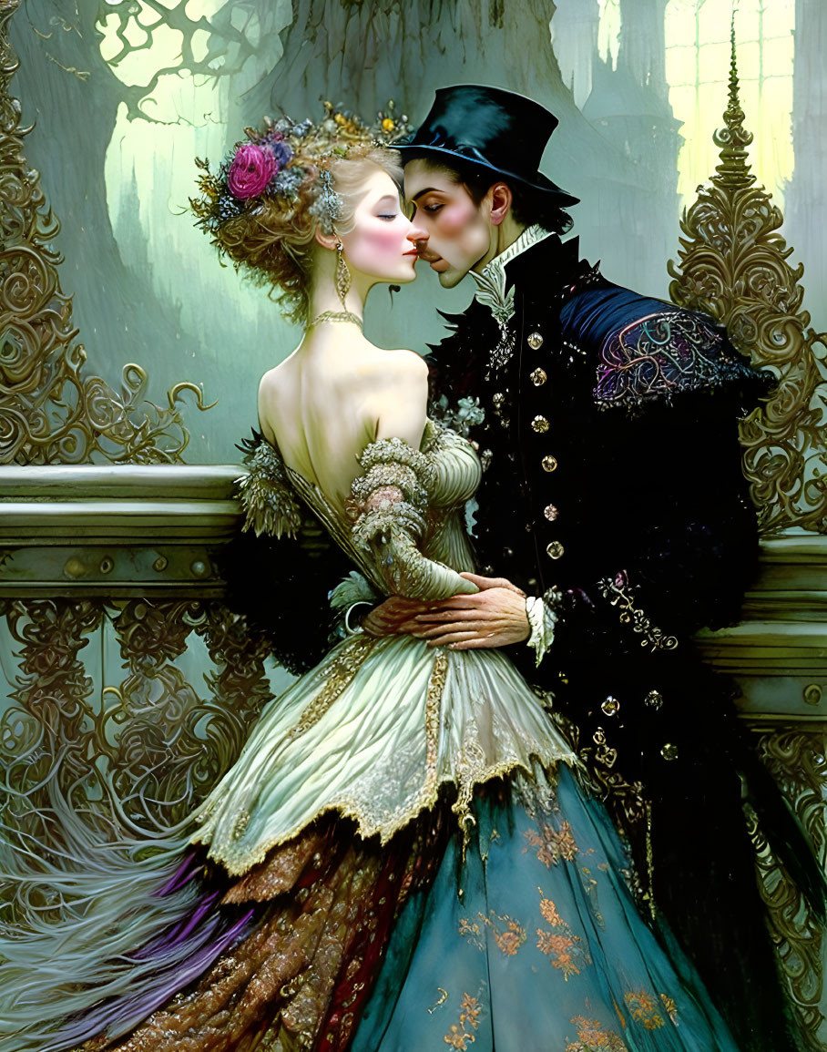 Victorian couple in ornate attire sharing intimate moment