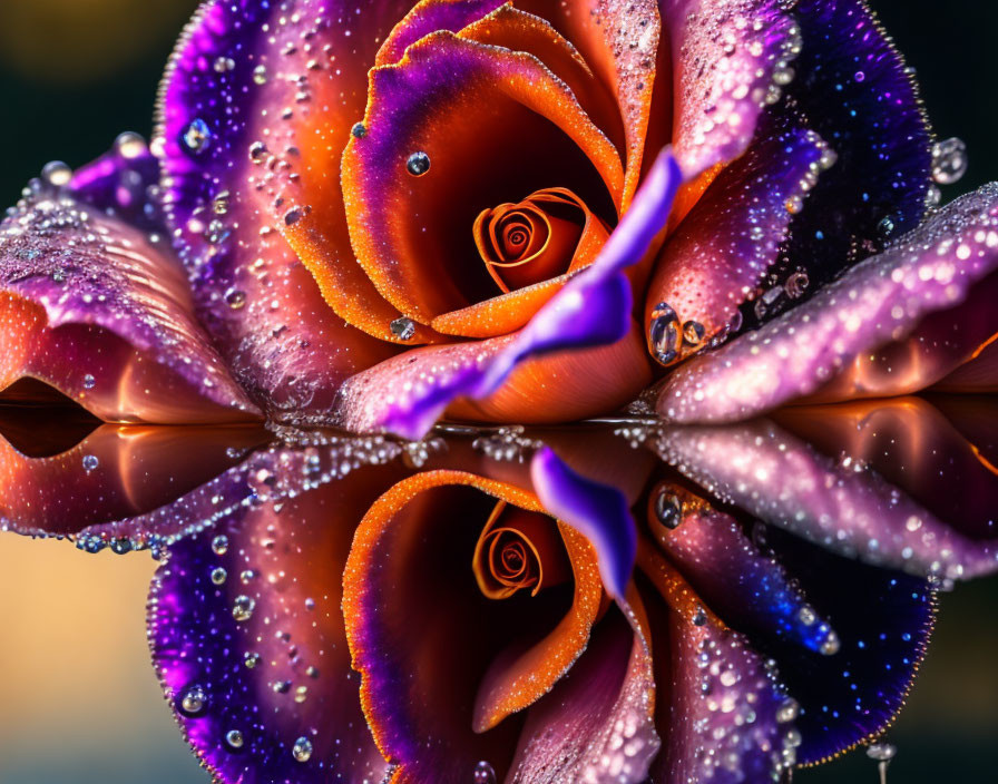 Vibrant orange and purple rose with water droplets on petals