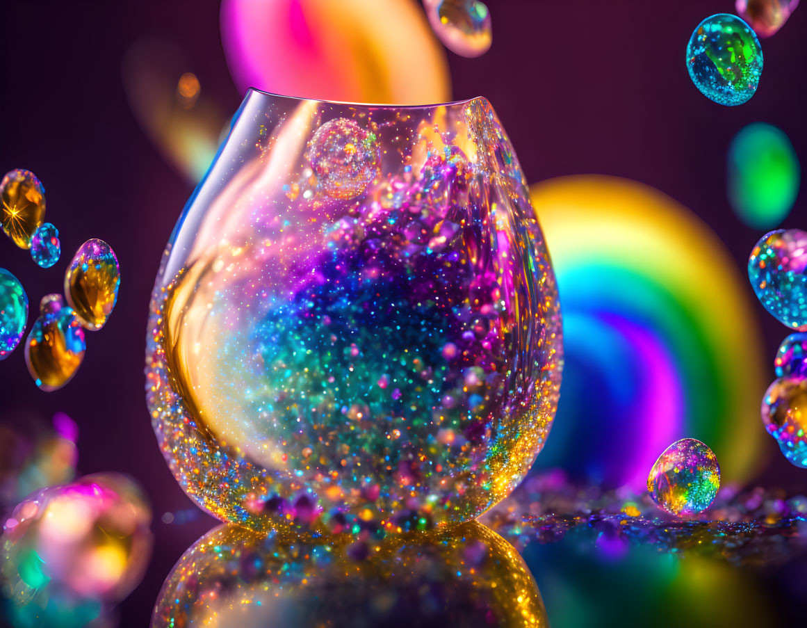 Colorful Galaxy in Glass with Bubbles on Rainbow Background