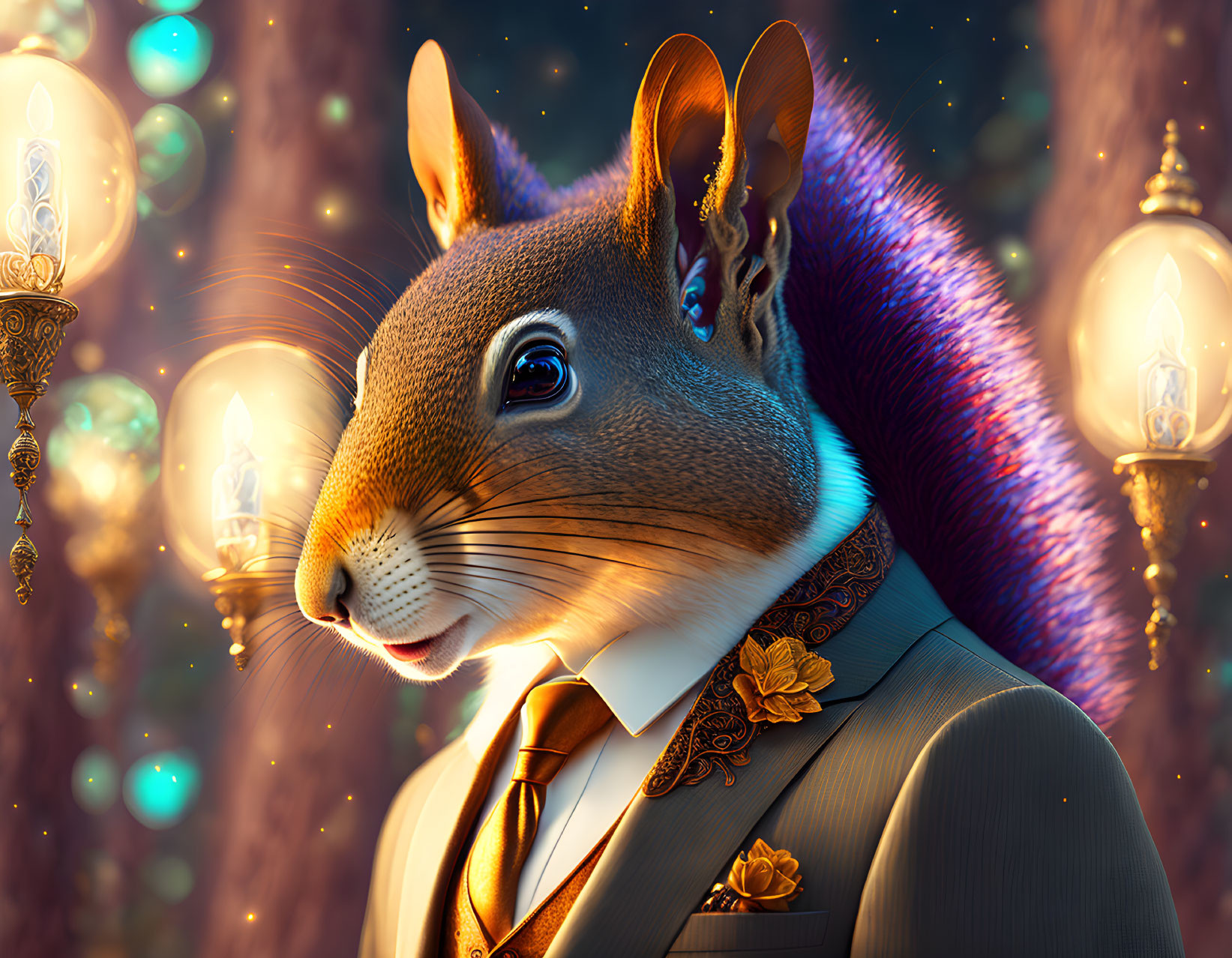 Anthropomorphic squirrel in suit with bow tie against vintage lamps and starry sky