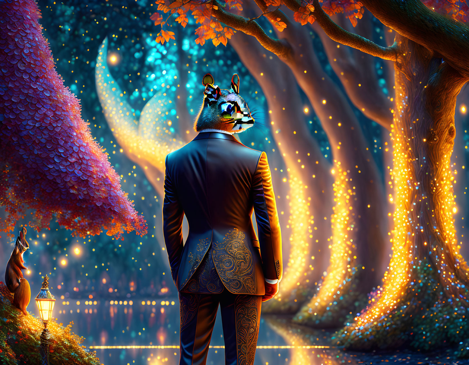 Raccoon-headed figure in suit in enchanted forest with glowing trees, fox, lantern, starry