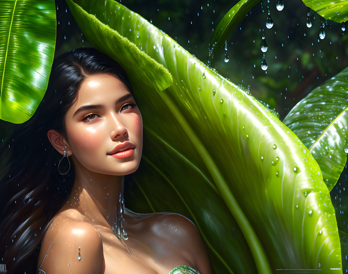 Woman in lush green foliage with water droplets and sunlight highlighting her serene expression