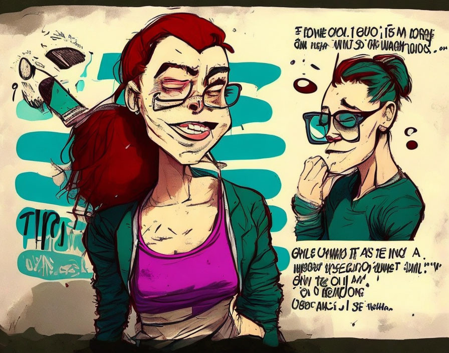 Stylized Cartoon Females with Red and Green Hair in Graffiti Background