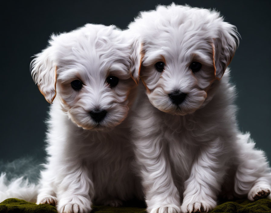 Fluffy White Puppies With Soft Fur Against Dark Background