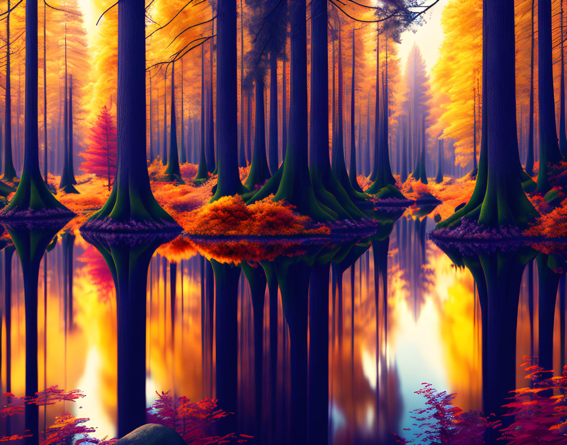 Autumnal surreal forest with mirrored trees and vibrant colors