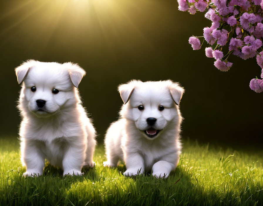 Fluffy white puppies in grassy field with sunlight and pink flowers