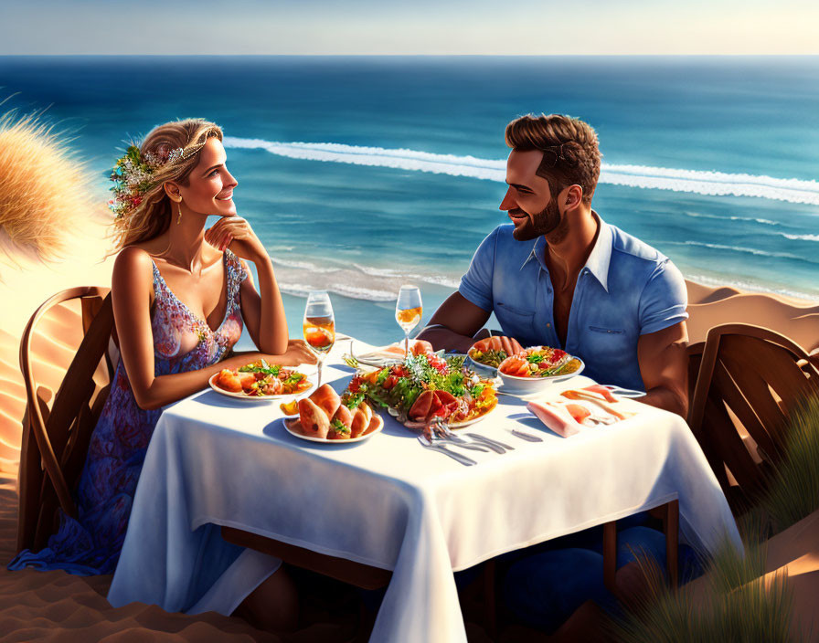 Romantic beachside meal with wine at sunset