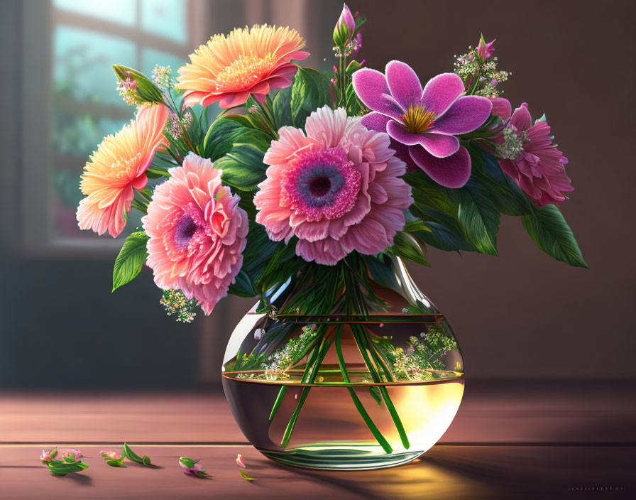 Colorful Flower Bouquet in Round Glass Vase by Sunlit Window