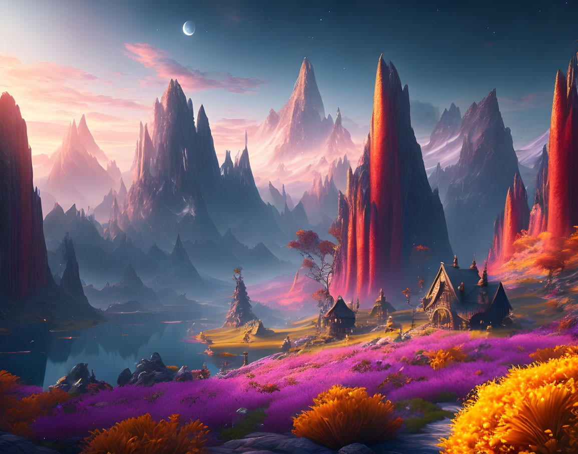 Fantasy landscape with towering spires, cottage, purple flora, serene lake, crescent moon