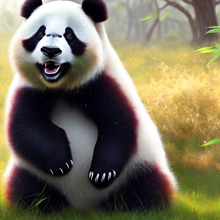 Colorful Smiling Panda in Green Foliage