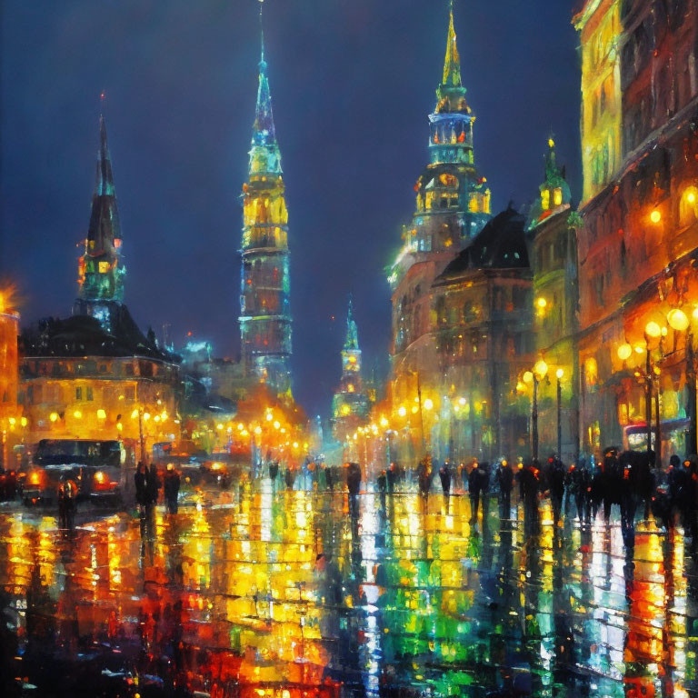 Vibrant impressionistic cityscape: night reflections, silhouettes, illuminated buildings