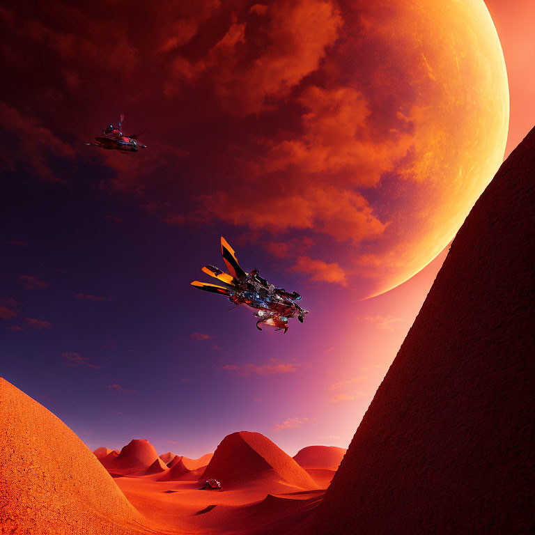 Futuristic spacecraft in desert with red dunes and orange planet